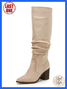 Faux Suede Pointed Toe Knee High Boots Chunky Heel Side Zip Wide Calf